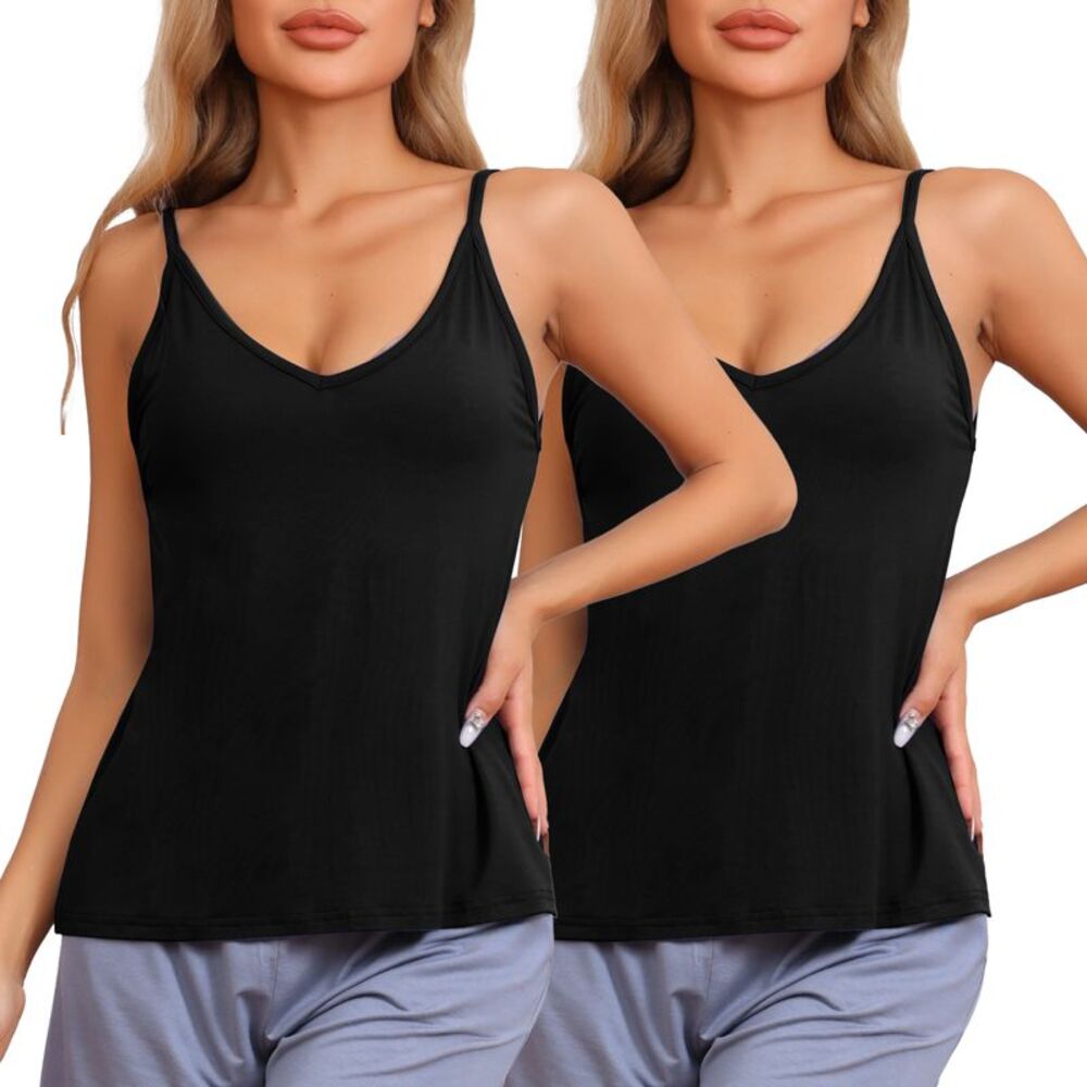 Camisoles Basic Tee Shirts V Neck Sleeveless Pajama Tank Tops 2packs Black